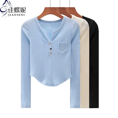 春季新款韩版圆领纯棉修身短款燕尾纯欲长袖体恤上衣内搭女打底衫商品大图