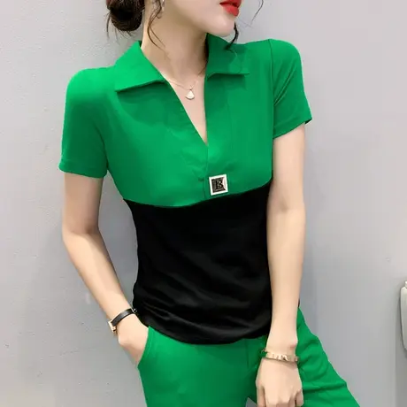拼色短袖T恤女2024夏季新款设计感小众POLO领上衣修身显瘦小衫潮商品大图