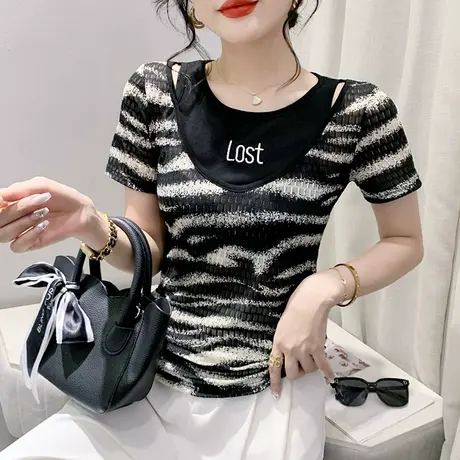 设计感假两件T恤女短袖拼色印花洋气上衣夏季时尚别致修身小衫ins商品大图