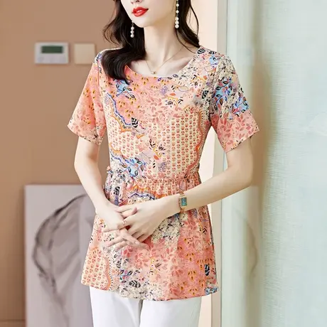 2023夏季雪纺衫短袖雪纺衫女显瘦时尚中长款女上衣宽松大码妈妈装图片