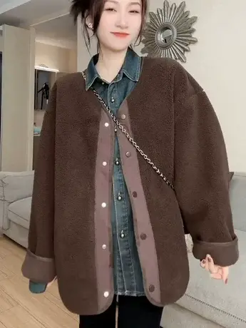 高级感美拉德羊羔毛外套女2023新款秋冬加厚宽松时尚毛毛外套上衣图片