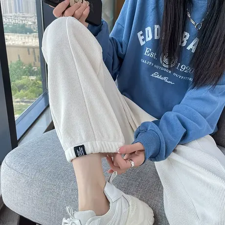 灯芯绒运动裤女2024年秋冬新款高腰宽松显瘦九分休闲哈伦束脚卫裤商品大图