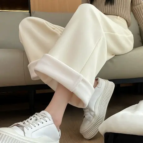 米白色阔腿裤女加绒加厚2024年秋冬新款高腰宽松显瘦休闲直筒裤子图片