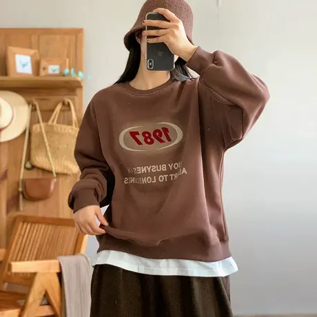 dza 复古植绒内里加绒卫衣女秋冬假两件长袖上衣宽松休闲短款外套图片