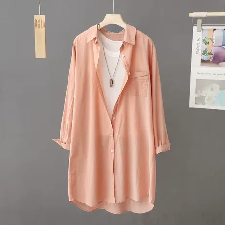 长款长袖防晒衬衫女薄款空调衫宽松大码户外沙滩服夏季薄外套开衫图片