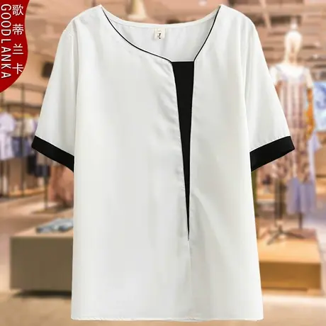 中年40岁胖妈妈夏季短袖上衣洋气时尚加肥加大码女装撞色T恤200斤商品大图