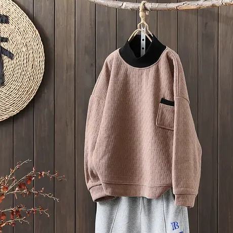 枫谜2022年秋冬新款针织领拼接华夫格加绒百搭显瘦半高领套头卫衣图片