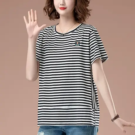 条纹短袖t恤女夏季加肥加大码女装宽松全棉休闲百搭遮肚显瘦体恤商品大图