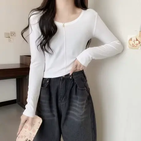 小个子短款德绒磨毛长袖T恤女秋冬季修身加厚加绒内搭打底衫上衣商品大图