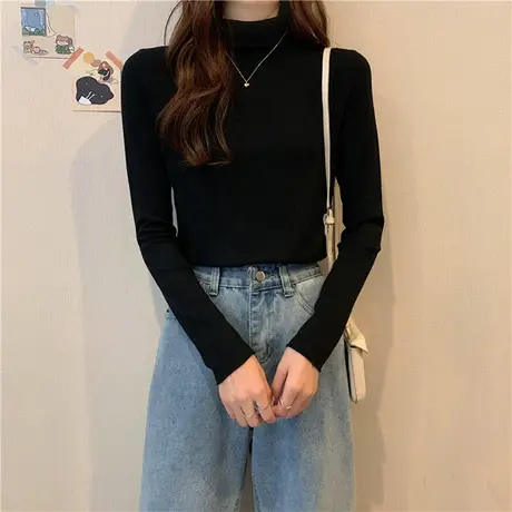 2024新款春秋冬半高领加绒洋气打底衫内搭黑色德绒长袖t恤女上衣商品大图