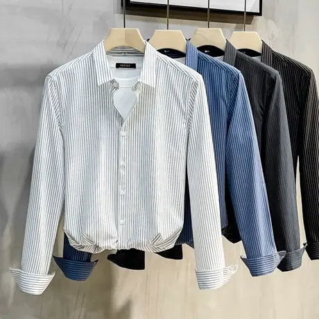 细条纹男士衬衫长袖春秋抗皱免烫职业正装商务休闲衬衣男夏季薄款商品大图
