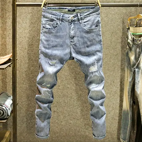 刮烂破洞夏季牛仔裤男款潮牌修身小脚裤街头痞帅潮流韩版长裤弹性商品大图