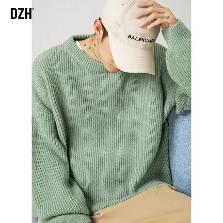 男士秋冬绿色毛衣男宽松慵懒风纯色圆领套头针织衫2024新款毛线衣商品大图