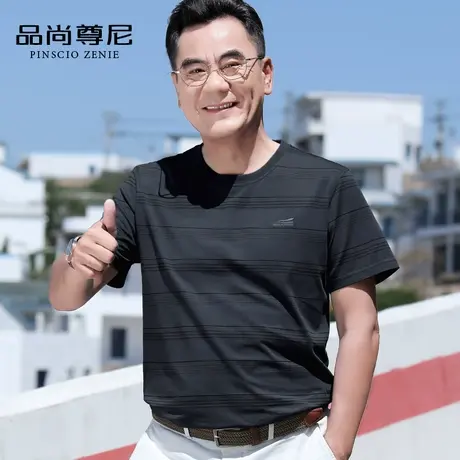 爸爸夏装t恤短袖纯棉圆领条纹男士上衣服夏季中老年人爷爷装体恤商品大图