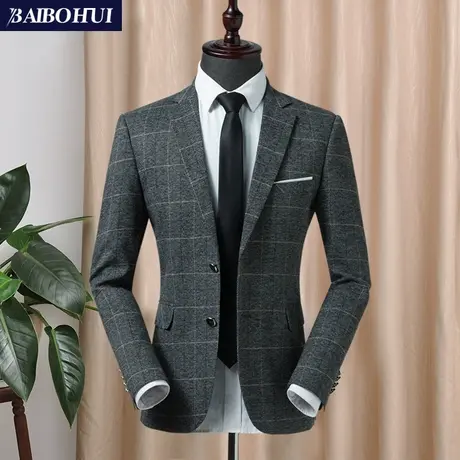 春秋季新款时尚修身休闲西装男士英伦复古格子西服外套男单西上衣图片