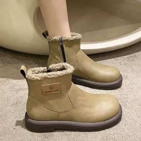 平底雪地靴女2023年新款软底短靴复古手工冬季保暖羊羔毛加绒棉靴图片