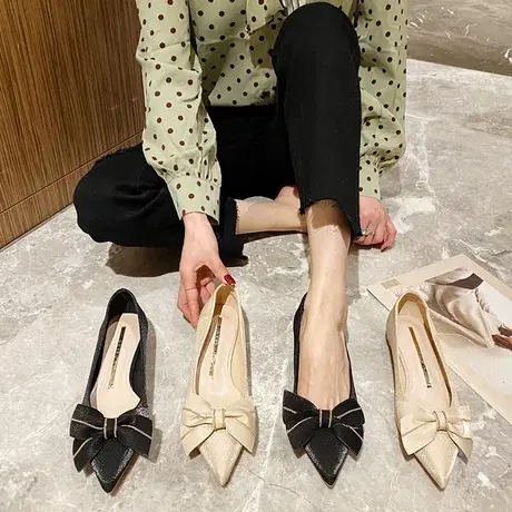 尖头单鞋女2023年春季新款小香风浅口蝴蝶结粗跟磨砂黑色工作鞋商品大图