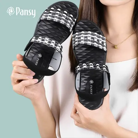 Pansy女士凉鞋时尚运动百搭厚底防滑编织拼色魔术贴一字式沙滩鞋商品大图