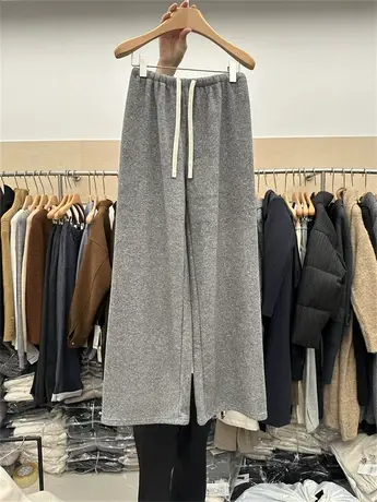 韩国灰色加绒阔腿裤女2023冬新款百搭软糯加厚拖地休闲裤垂感长裤图片