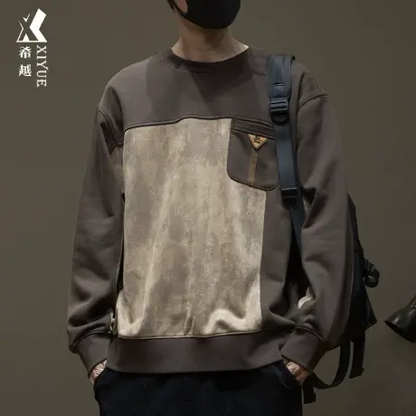 麂皮绒重磅卫衣男2023秋冬季新款宽松男士打底衫撞色拼接大码男装商品大图