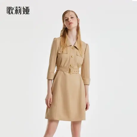 歌莉娅米驼色麂皮绒连衣裙女秋季新品a字修身裙子配腰带1B8J4H740图片