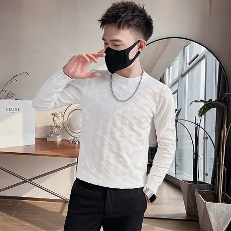 秋冬季痞帅毛衣男修身潮牌上衣服2022新款网红紧身格子内搭打底衫商品大图