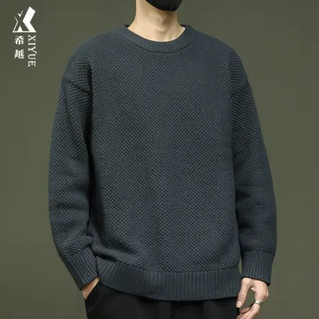 希越重磅菠萝纹圆领毛衣男冬季休闲宽松大码男士抗起球针织衫外套商品大图