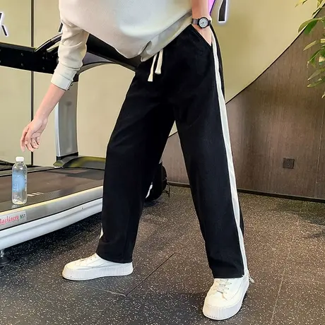灯芯绒裤子男春秋季潮牌撞色拼色直筒宽松休闲裤2023阔腿运动卫裤商品大图