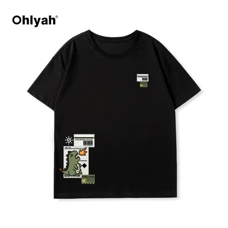 Ohlyah卡通方形喷火恐龙印花无性别黑色短袖美式圆领t恤上衣男女图片