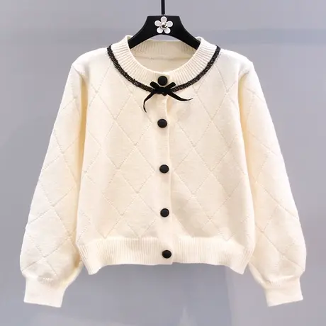 小香风菱形格蝴蝶结毛衣外套女冬季2024新款宽松高级感针织开衫图片