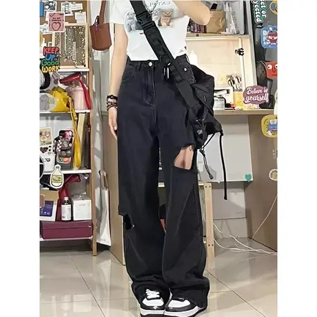 美式高街黑色破洞牛仔裤女2023春夏季高腰设计感潮牌垂感直筒裤子图片