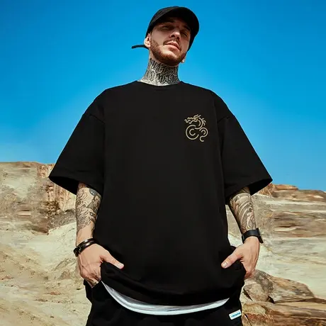 2025重磅加肥加大码短袖t恤街头男装圆领纯棉国潮五分半袖春秋季图片