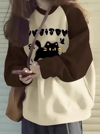 oversize撞色插肩圆领卫衣女2024新款爆款春秋薄款宽松慵懒风上衣商品大图