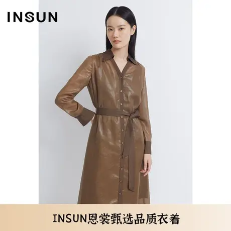 INSUN恩裳夏季百搭咖啡色衬衫式连衣裙图片