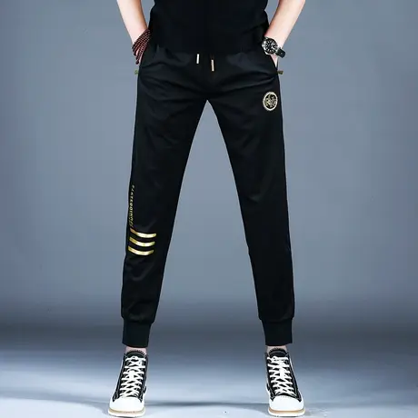 男士新款休闲裤子时尚黑色修身烫钻印花束脚系带裤2024春夏男潮牌商品大图