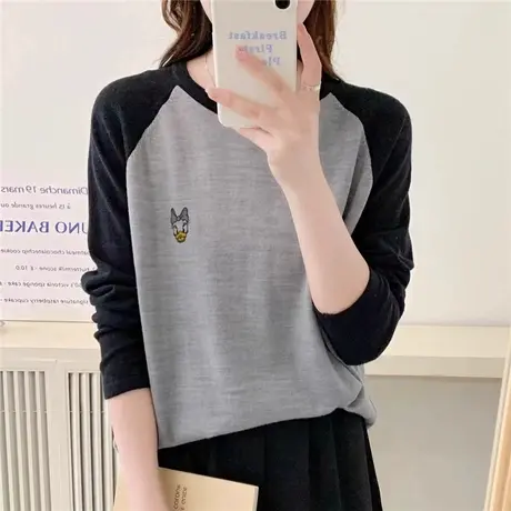 拼色圆领套头针织衫女2024年春季新款宽松韩版卡通提花洋气上衣女图片