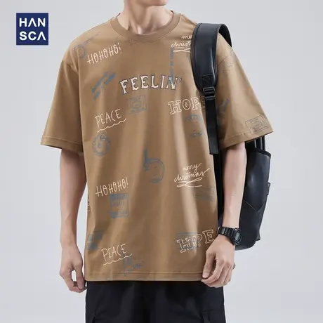 hansca 纯棉短袖t恤男夏季圆领宽松痞帅潮流字母印花休闲半袖上衣商品大图