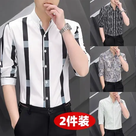 冰丝七分袖衬衫男夏季薄款衬衣韩版潮流百搭衣服短袖条纹半袖上衣图片