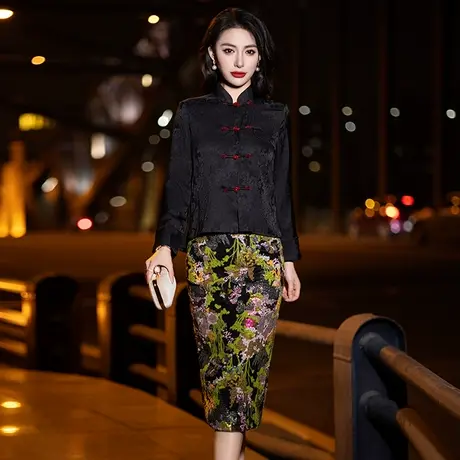 中年妈妈装汉服唐装新中式平时可穿国风套装黑色复古优雅春秋高端图片