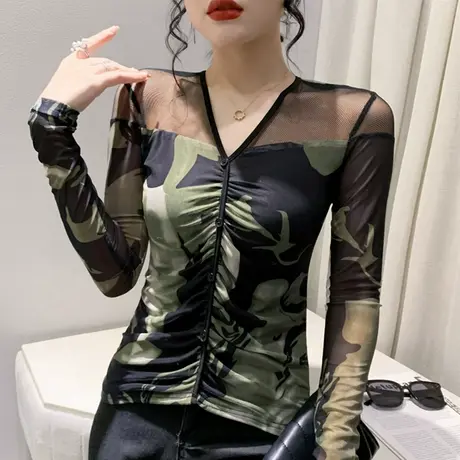 性感网纱印花T恤女长袖欧货女装拼接褶皱纽扣打底衫修身V领上衣潮商品大图