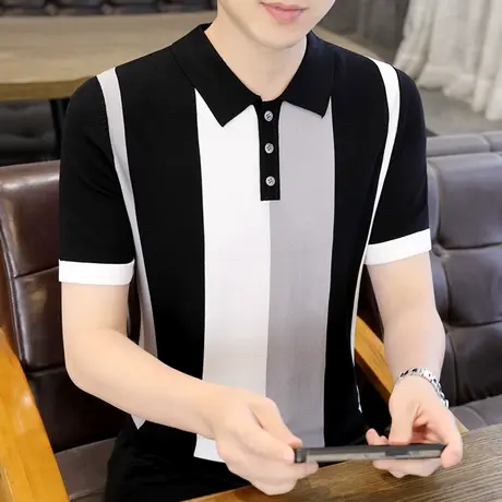 POLO衫男士短袖夏季轻熟风高端冰丝t恤潮流时尚拼色条纹针织体恤商品大图