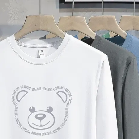 重磅纯棉小熊t恤男长袖2023新款白色打底衫宽松内搭全棉体恤小衫商品大图