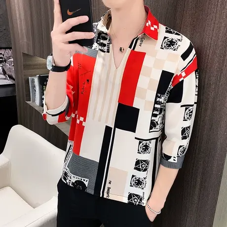 夏季七分袖衬衫男短袖潮牌ins痞帅社会精神小伙宽松个性套头衬衣商品大图