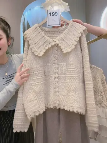 春季新品毛衣韩版宽松气质百搭海军领甜美镂空针织开衫外套上衣女图片