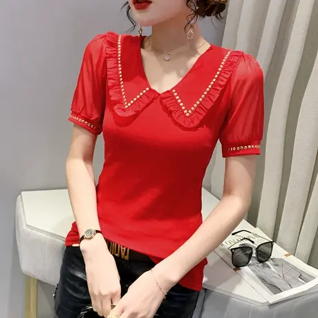 时尚海军领短袖T恤女2023夏季新款网纱拼接泡泡袖小衫修身上衣潮商品大图