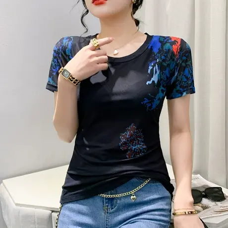 设计感印花上衣女欧货网红气质减龄T恤短袖夏季修身显瘦网纱小衫商品大图
