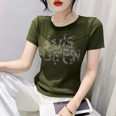 2023夏季新款网纱拼接T恤女短袖性感镂空小衫时尚洋气烫钻上衣潮商品大图