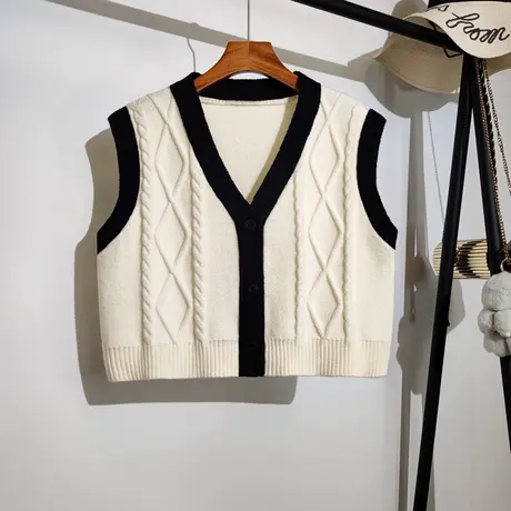 学院风针织马甲开衫女春秋新款韩版宽松v领麻花毛衣坎肩背心外套商品大图