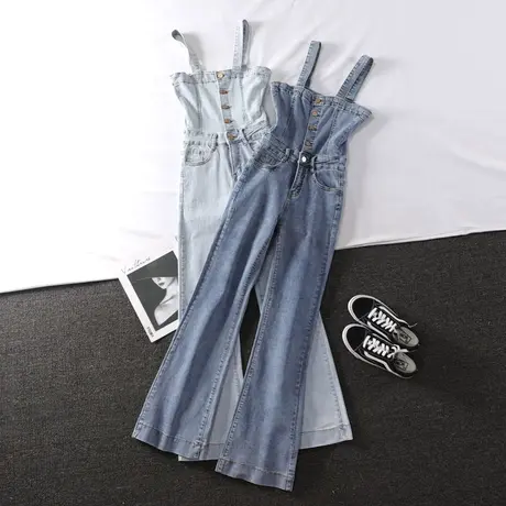 佳妲己韩版排扣高腰牛仔背带裤2022夏季新显瘦百搭弹力喇叭九分裤图片