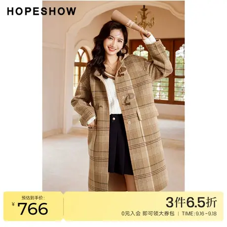 红袖outlets格纹连帽大衣hopeshow2022冬季新款牛角扣双面呢外套商品大图